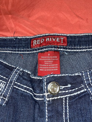 Rote Nieten Schlagjeans Damen Gr. 9 dunkle Waschung dehnbar niedriger Bund Glitzer Taschen W32 - Bild 2 von 7