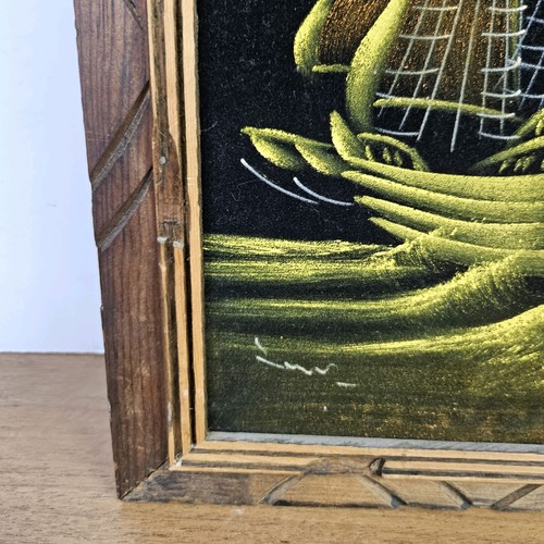 VTG 70's Hand Carved Framed Mexico Velvet Painting Ship on the Sea 22.5" x 13.5" - Picture 7 of 9