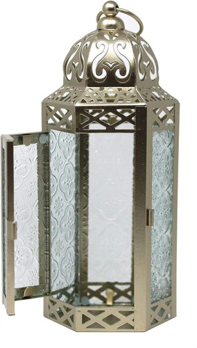 Medium Moroccan Metal Lantern with Remote Control LED Fairy Lights - White Gold - Picture 5 of 7