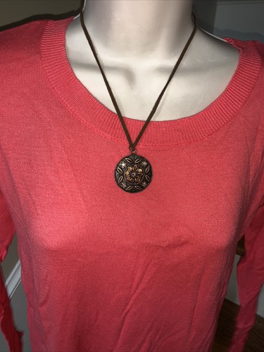 J CREW Medallion Copper Bronze Pendant Necklace Leather Gothic Chain Cord❤️tw11j - Picture 2 of 6