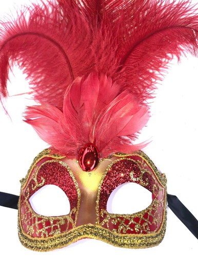 RED VENETIAN HALLOWEEN MASKS DECORATIVE FEATHER COSTUME MASK Made in Italy - Picture 3 of 3