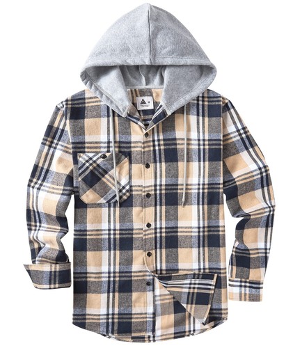 Mens Flannel Hoodie Shirt Casual Button Down Plaid Jacket Shirts Stylish Long... - Picture 2 of 7