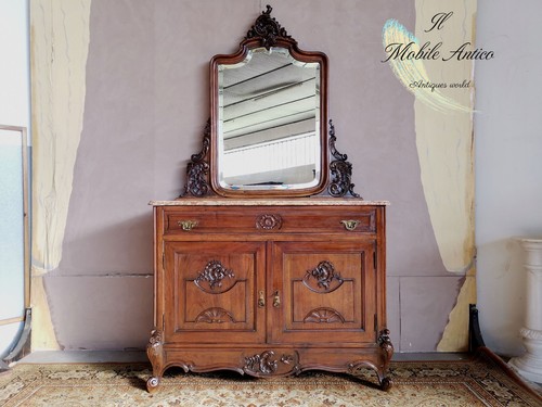 Commode En Noyer Avec Miroir Integro Original D'Époque 800' Restauré - Photo 1/24