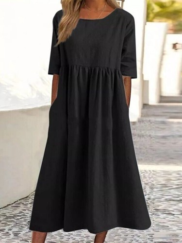 Womens Short Sleeve Pleated Midi Dress Ladies Casual Baggy Solid Swing Dresses - Picture 5 of 10