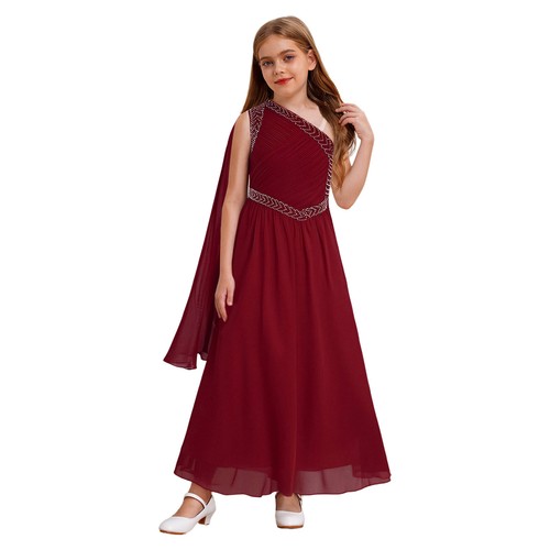 Kids Girls One Shoulder Shiny Ruched Bodice Chiffon Formal Party Dresses - Picture 6 of 46