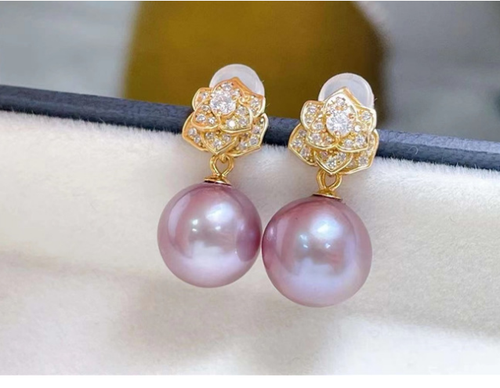 Pair 12mm Natural South Sea Genuine pink purple Round Pearl Earring 1788 - Picture 2 of 3