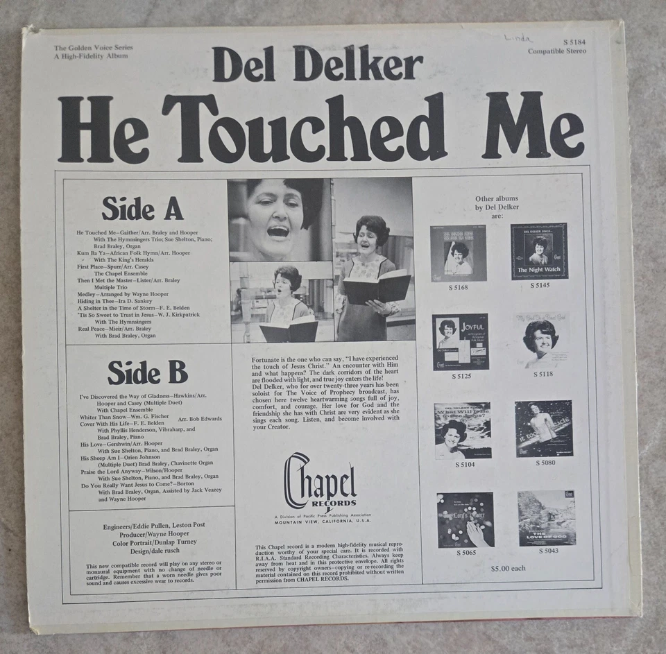 DEL DELKER HE TOUCHED ME CHAPEL RECORDS S5184 VINYL LP Spiritual Record - Image 2 of 4