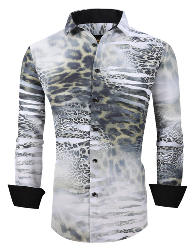 Mens PREMIERE WHITE TIGER LEOPARD ANIMAL Long Sleeve BUTTON UP Dress Shirt 657 - Picture 1 of 13