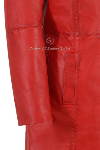 TRENCH Ladies Leather Jacket Red Classic Knee-Length Designer Lambskin Coat 3457 - Picture 8 of 9