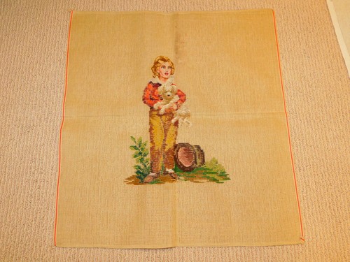 Vintage Pre-worked TRAMME Needlepoint Tapestry Canvas Boy with Dog Petit Point - Picture 3 of 7