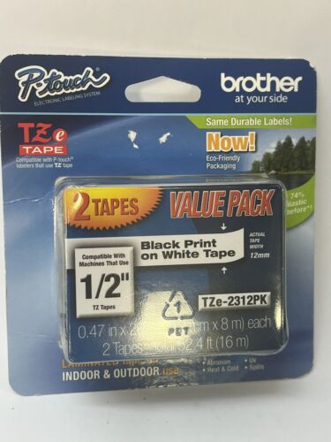 2 PACK BROTHER TZe-231 12mm 1/2" LABEL CASSETTE BLACK PRINT WHITE TAPE ORIGINAL - Picture 2 of 4