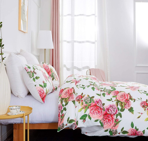 Romantic Roses Floral Duvet Cover Set - Lovely Spring Garden Pink W/Pillow Cases - Picture 4 of 8