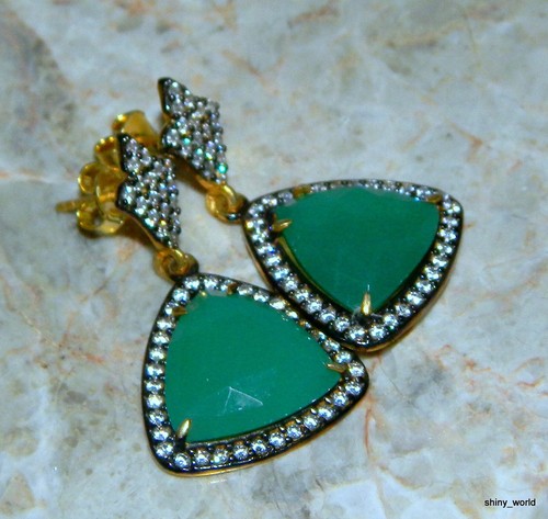 Botswana Agate .925 Sterling Silver plated w. gold handcrafted Earrings 1 3/8" L - Picture 2 of 2