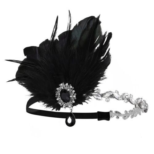 1920s Black Feather Flapper Headband Rhinestone Headpiece Gatsby Cocktail Par... - Picture 2 of 7