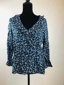 New-Alison-Andrews-Blue-Floral-Long-Sleeve-Women-039-s-V-Neck-Wrap-Top-Size-L
