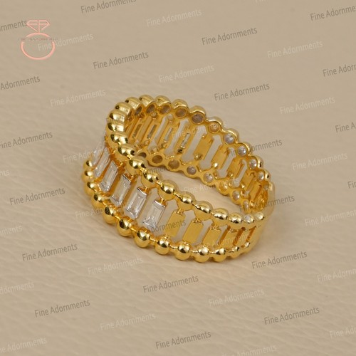 Solid 14K Yellow Gold Ball Ring Natural Baguette Diamond Eternity Wedding Ring - Picture 4 of 8