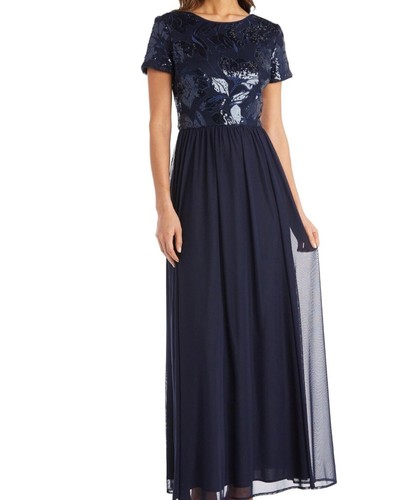 R&M Richards Dress Gown Godet Floral Applique Navy Blue NWT- Size 6- Read - Picture 1 of 12