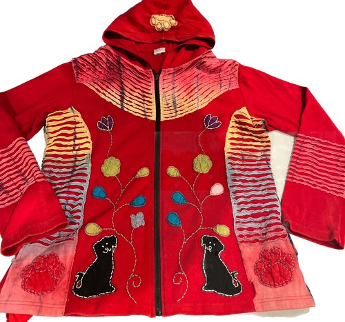 Rising International 2X ROT Blumen Hundepfote Patchwork bestickt Reißverschluss Hoodie Mantel