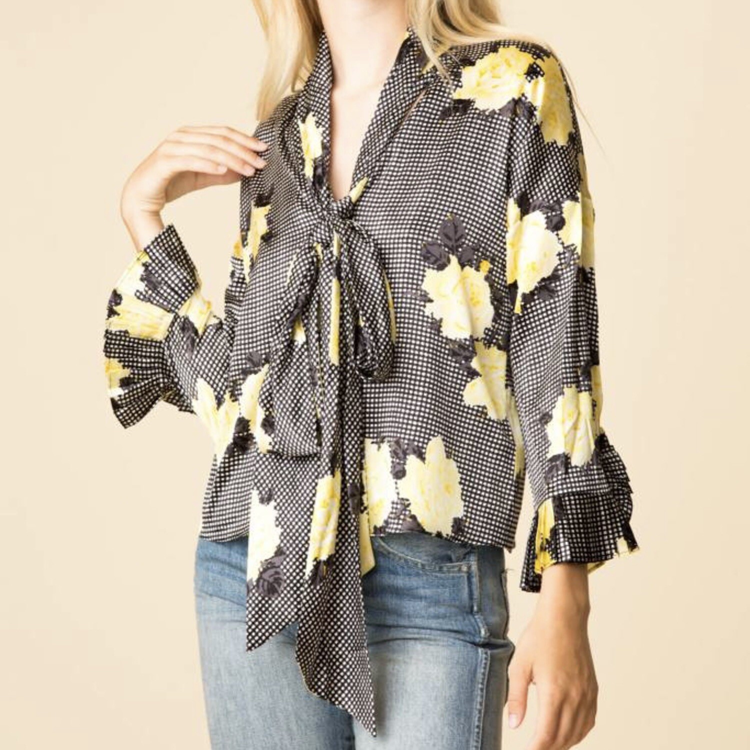 Ganni Gingham Rose Neck Wrap Silk Blouse Size 36 - image 1
