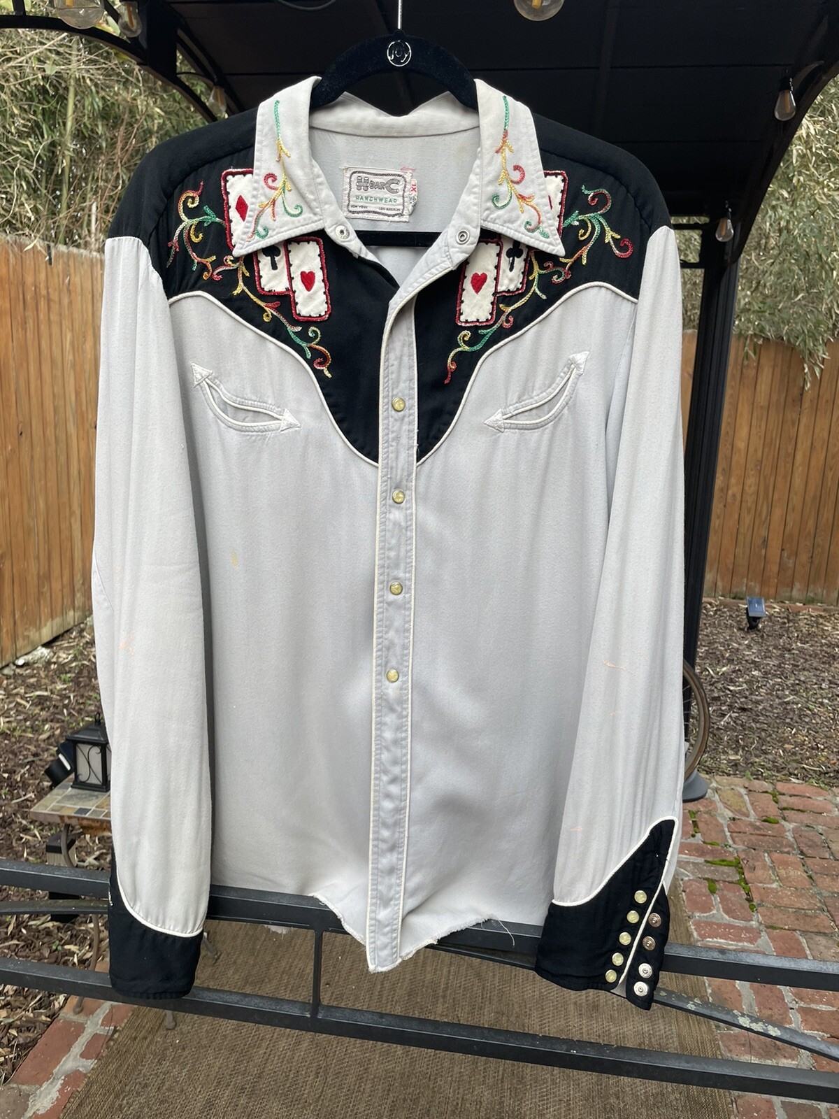 Vintage H BAR C 1950s Gambler Embroidered Gabardine Western Shirt STAINS Size XL