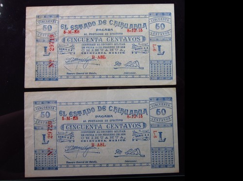 Mexico Chihuahua 50 Centavos 1914 PS527 Sequential Pair i9719 North Division - Picture 2 of 3