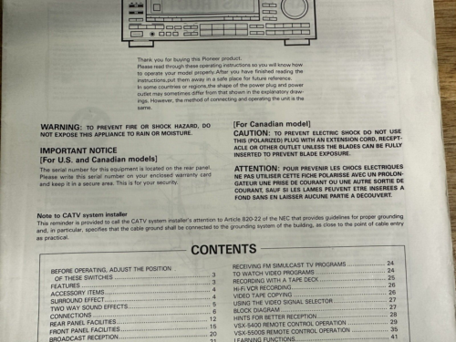 Pioneer VSX-5400 / VSX-5500S Audio/Video Stereo Receiver Operation Manual - Picture 4 of 7