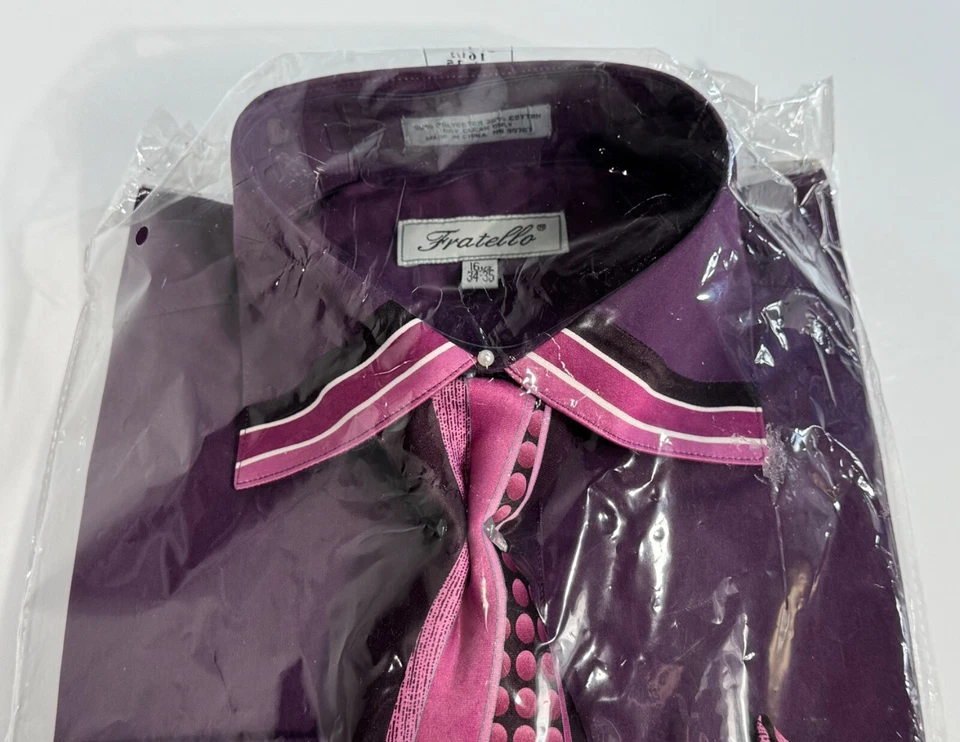 Camisa de vestir Fratello para hombre 16,5 34 35 púrpura rosa manga larga pañuelo con corbata Foto 3 de 4