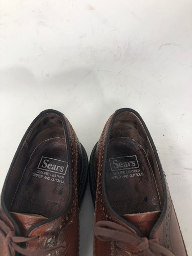 SEARS Vintage Derby Dress Shoes Size 10M Brogue Long Wingtips Brown Leather - Picture 10 of 12
