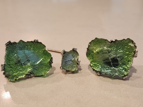 1970s SWANK LAVA ROCK CUFFLINKS & TIE CLIP SET Vintage SIGNED Green Iridescent - Picture 6 of 6