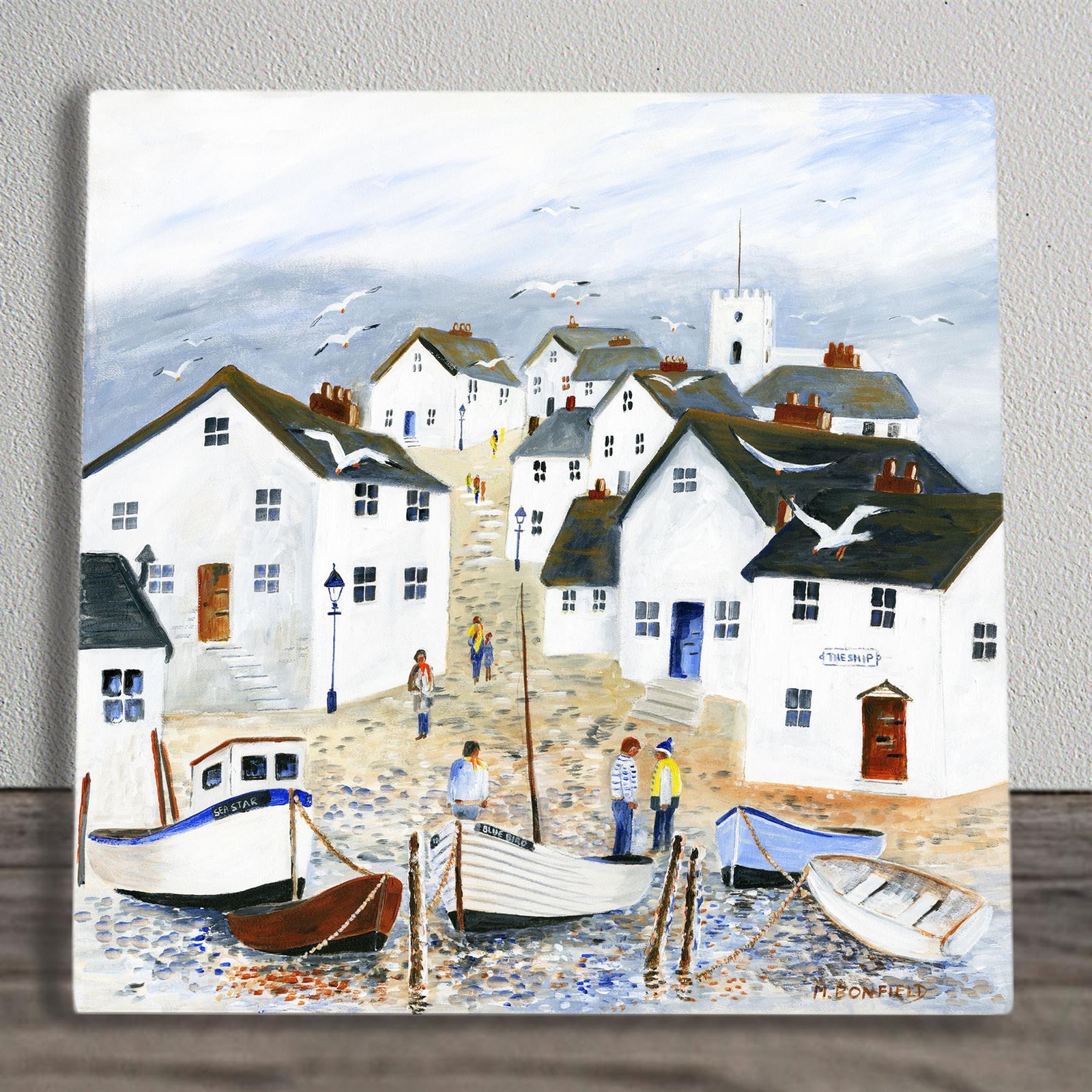 Fishing Village Artwork by Maureen Bondfield Printed Onto Ceramic Picture Tile
