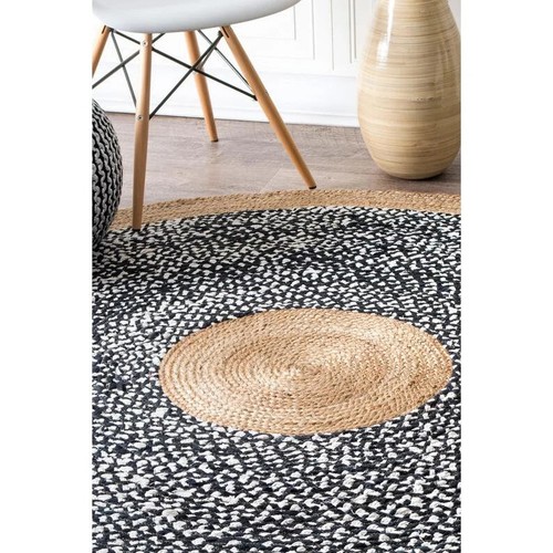 Indian Handmade Braided Casual Black and White Cotton with Jute Decor Round Rugs - Picture 2 of 3