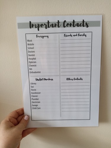 Handmade A4 Important Contacts, phone numbers, black and white, Laminated, - Picture 2 of 6
