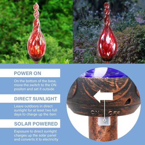 Solar Hand Blown Red Glass Twisted Flame Garden Stake with Metal Finial Detail, - Picture 5 of 12