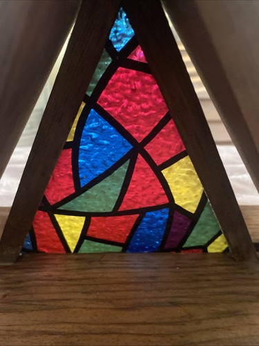 Handmade Wood Manger A-Frame Faux Stain Glass + Porcelain Nativity Scene 10”x10” - Picture 14 of 21