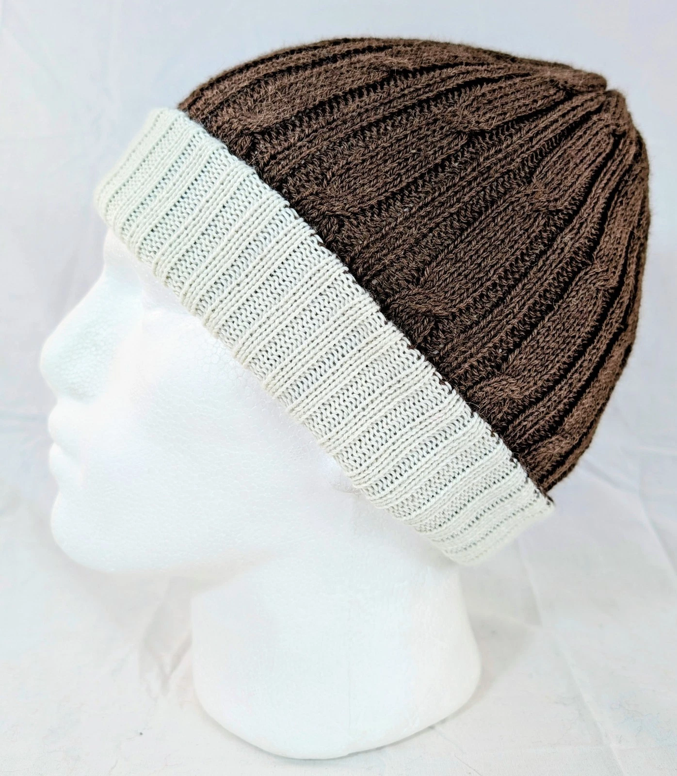 Extra Soft Baby Alpaca Reversible Cable Knit Beanie Brown White Handmade Unisex