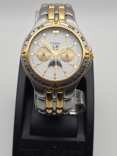 Fossil Blue BQ-9145 Men's Watch, Moonphase, Two Tone, Fresh Battery 7" WRIST 