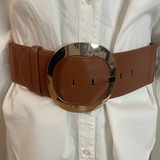 Brown faux leather oval buckle gold tone elastic waistband belt