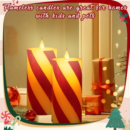 2 Pcs Candy Cane Flameless Candles Striped Flickering LED Real Wax with Remot... - Picture 6 of 7