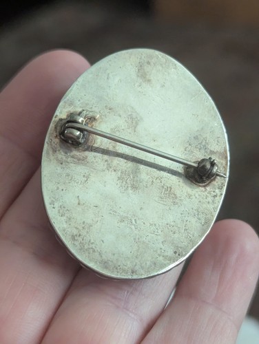 VTG Brooch Lace Agate Cabochon Sterling Silver Southwest Art Wrapped Stone Pin - Picture 13 of 23