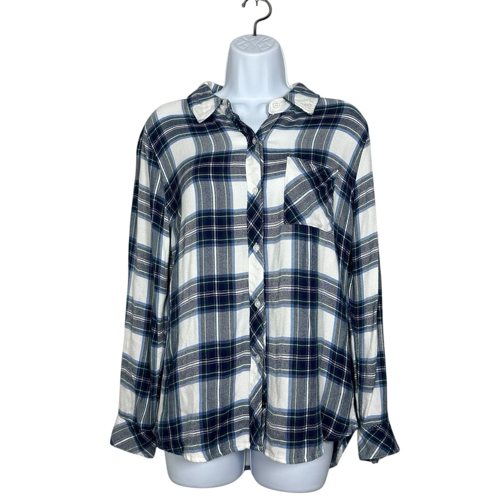 Rails Plaid Rayon Flannel Shirt Women's Small Blue White Button Up Casual Pocket