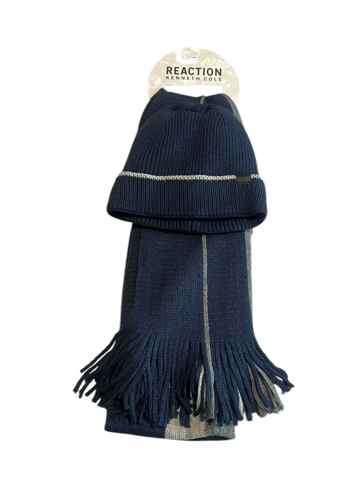 Kenneth Cole Reaction Beanie & Scarf Set Mens OS Blue Knit Stripe Fleece Lined