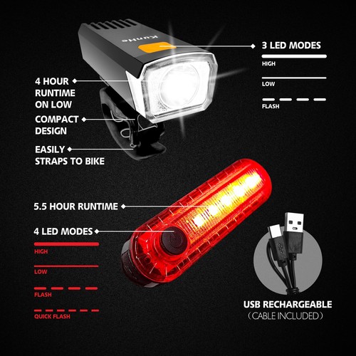 2 Sets Bike Bicycle Lights Head Light & Rear Tail Light Rechargeable 3 Mode MTB - Picture 7 of 7