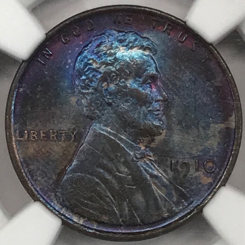 1910 P Lincoln Wheat Cent NGC MS63 BN - *Blue/Purple/Chocolate Rainbow Toning* - Picture 2 of 5