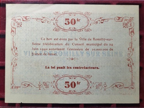 #90-24 ~ Banknote / Billet - Nécessité Romilly Sur Seine 50 Francs - TTB+ - Picture 2 of 2