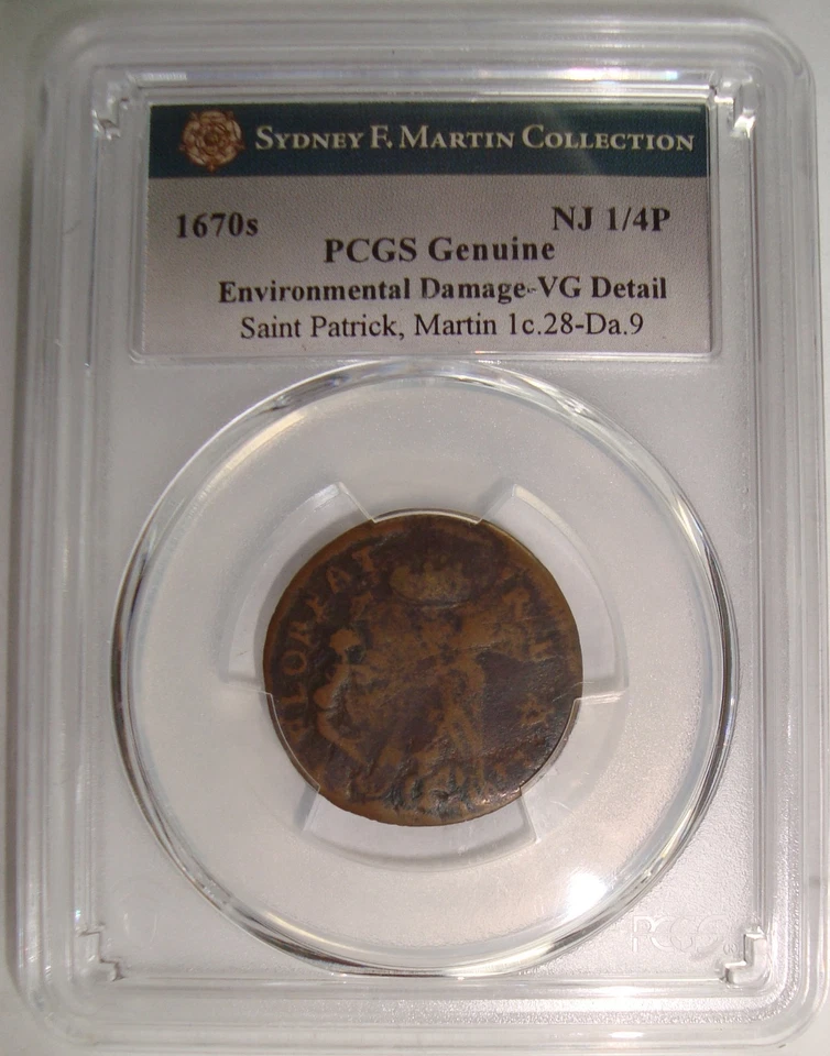 1652-1674 Nueva Jersey St. Patrick Colonial Farthing graduación profesional en muy buen estado detalle Foto 3 de 4