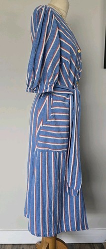 Vintage 40s 50s Utility style Blue Red White Stripe Button Through dress UK 16 - Picture 5 of 7