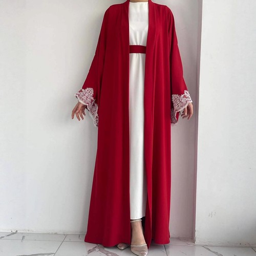 Dubai Women Long Inner Dress Abaya Open Kimono Lace 2Pcs Set Kaftan Turkey Robe - Picture 3 of 17