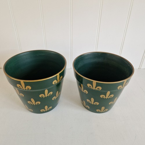 2 macetas vintage pintadas de flor de lis verde y oro - 14 cm y 13,5 cm - Imagen 2 de 14