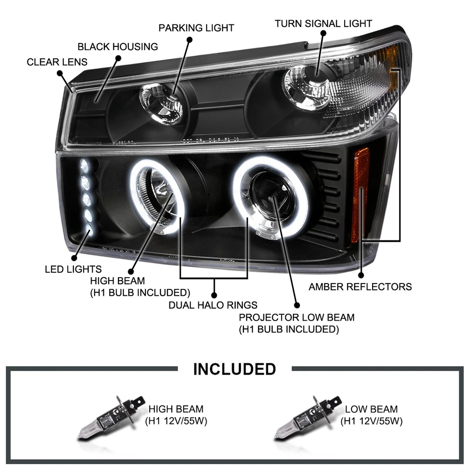 Fit 2004-2012 GMC Colorado Canyon Black LED Halo Projector Headlight+Bumper Lamp - Изображение 3 из 4