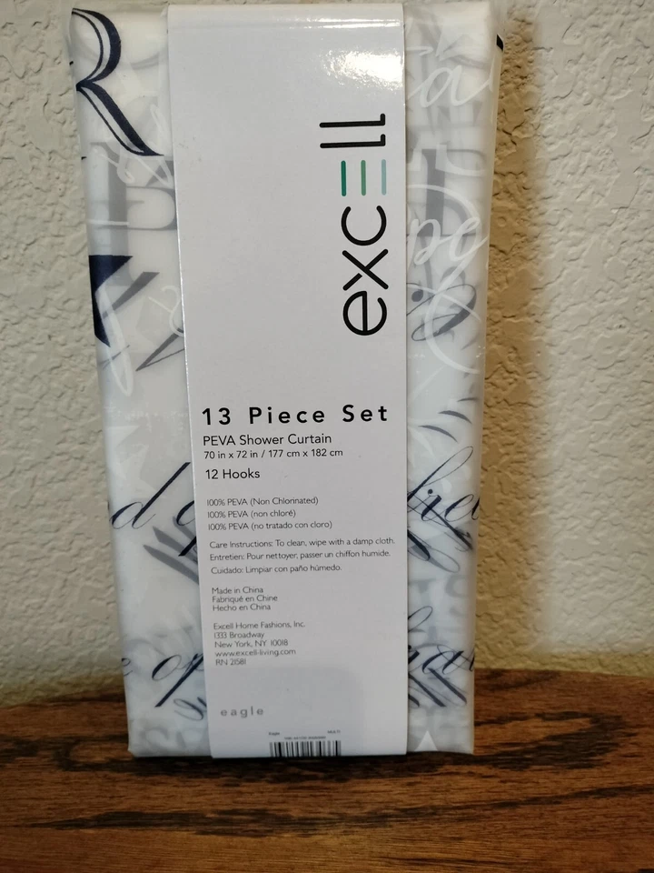 Excell Eagle 13 Piece Peva Vinyl Shower Curtain  70" x 72" 12 Blue Hooks "New" - Image 3 of 4
